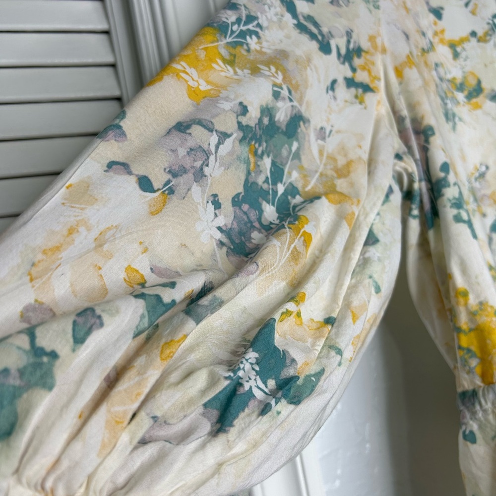 A New Day Floral Women's Blouse Cream, Green,Yellow Country, Summer, Cottagecore - Picture 3 of 6